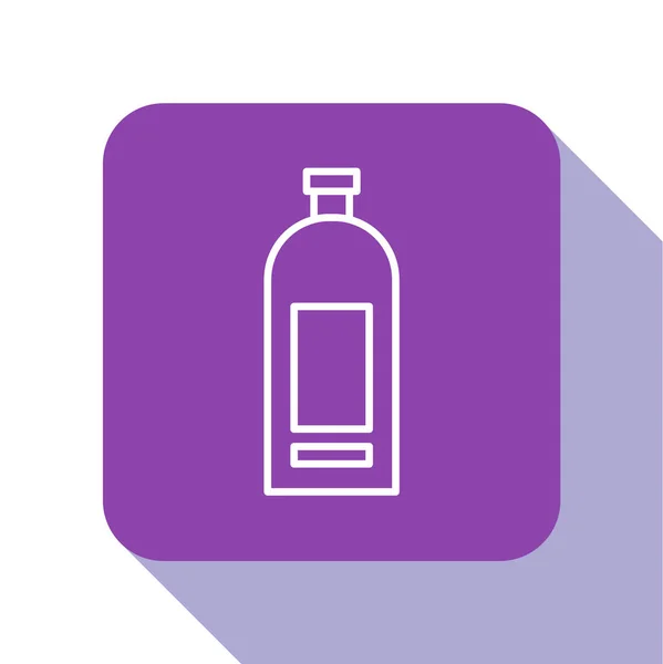 Ligne blanche Flacon d'icône de shampooing isolé sur fond blanc. Bouton carré violet. Illustration vectorielle — Image vectorielle