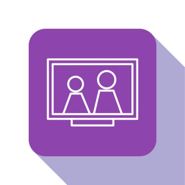 Masa simgesindeki beyaz çizgi resim çerçevesi beyaz arkaplanda izole edildi. Mor kare düğme. Vektör İllüstrasyonu