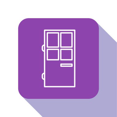 Beyaz çizgi kapalı kapı simgesi beyaz arkaplanda izole edildi. Mor kare düğme. Vektör İllüstrasyonu