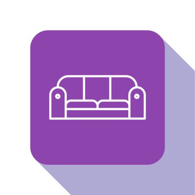 Beyaz çizgi kanepe simgesi beyaz arkaplanda izole edildi. Mor kare düğme. Vektör İllüstrasyonu