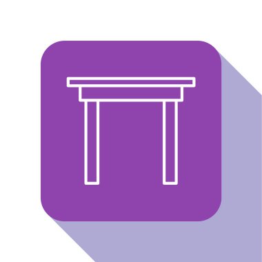 Beyaz çizgi tahta masa simgesi beyaz arkaplanda izole edildi. Mor kare düğme. Vektör İllüstrasyonu