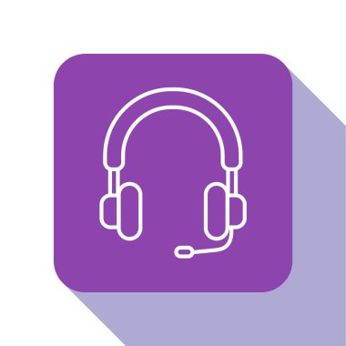 Beyaz çizgi kulaklık simgesi beyaz arkaplanda izole edildi. Kulaklıklar. Müzik, hizmet, iletişim ve operatör konsepti. Mor kare düğme. Vektör İllüstrasyonu
