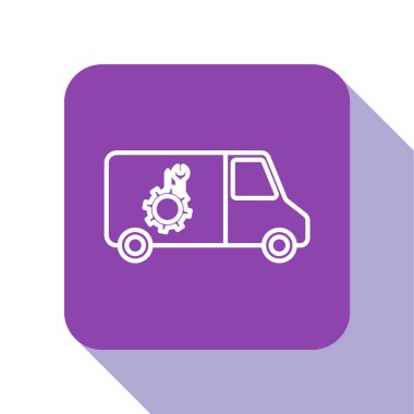Beyaz çizgi araba servis simgesi beyaz arkaplanda izole edildi. Tamirci oto tamircisi. Bakım tabelası. Mor kare düğme. Vektör İllüstrasyonu