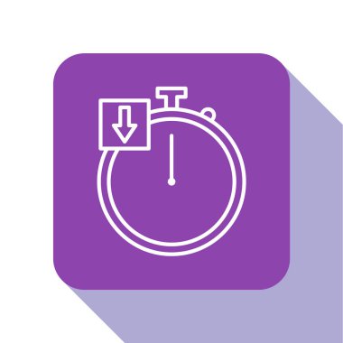 Beyaz çizgi Stopwatch simgesi beyaz arkaplanda izole edildi. Zaman göstergesi. Kronometre. Mor kare düğme. Vektör İllüstrasyonu