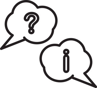 Beyaz zemin üzerinde Soru ve Ünlem simgesi olan siyah çizgi konuşma baloncukları. Faq işareti. Dosyaları kopyala, konuşma balonu ve grafiğini çıkar. Vektör İllüstrasyonu