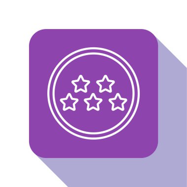 Beyaz çizgi Beş yıldızlı müşteri ürün değerlendirme simgesi beyaz arka planda izole edildi. Favori, en iyi derecelendirme, ödül sembolü. Mor kare düğme. Vektör İllüstrasyonu