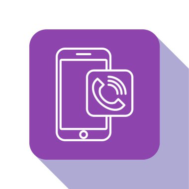 Beyaz hat cep telefonu arama simgesi beyaz arkaplanda izole edildi. Mor kare düğme. Vektör İllüstrasyonu