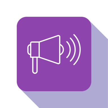 Beyaz çizgi Megafon simgesi beyaz arkaplanda izole edildi. Yüksek sesle konuşma uyarısı. Ağızlık için megafon, terfi diye bağırıyor. Mor kare düğme. Vektör İllüstrasyonu