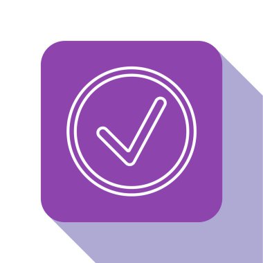 Beyaz arkaplanda izole edilmiş daire simgesinde beyaz çizgi kontrol işareti. Seçim düğmesi işareti. İşaretleme sembolü. Mor kare düğme. Vektör İllüstrasyonu