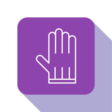 Beyaz çizgili deri eldiven ikonu beyaz arkaplanda izole edilmiş. Mor kare düğme. Vektör İllüstrasyonu