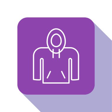 Beyaz çizgi kapüşonlu simgesi beyaz arkaplanda izole edildi. Kapüşonlu kazak. Mor kare düğme. Vektör İllüstrasyonu