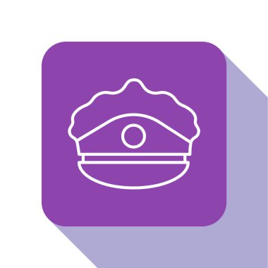 Beyaz çizgili polis şapkası ve beyaz arka planda izole edilmiş papağan ikonu. Polis şapkası işareti. Mor kare düğme. Vektör İllüstrasyonu