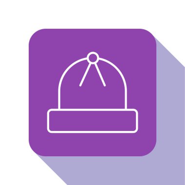 Beyaz çizgi kış şapkası simgesi beyaz arkaplanda izole edildi. Mor kare düğme. Vektör İllüstrasyonu