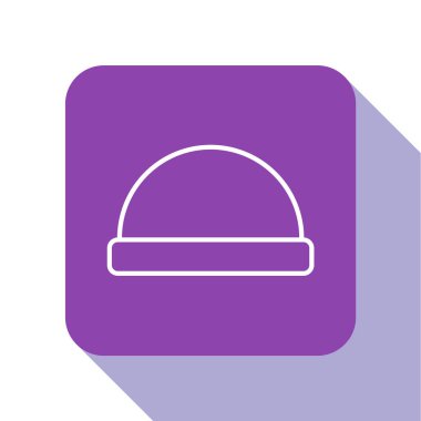 Beyaz çizgi Beanie şapka simgesi beyaz arkaplanda izole edildi. Mor kare düğme. Vektör İllüstrasyonu