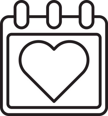 Beyaz arka planda izole edilmiş kalp simgesine sahip siyah çizgi Takvim. Sevgililer günü. Aşk sembolü. 14 Şubat. Vektör İllüstrasyonu