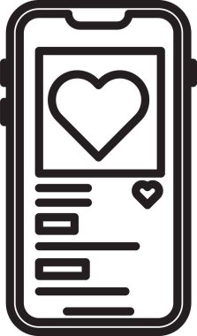 Beyaz arka planda kalp ikonu olan siyah hat cep telefonu. Sevgililer Günü. Vektör İllüstrasyonu