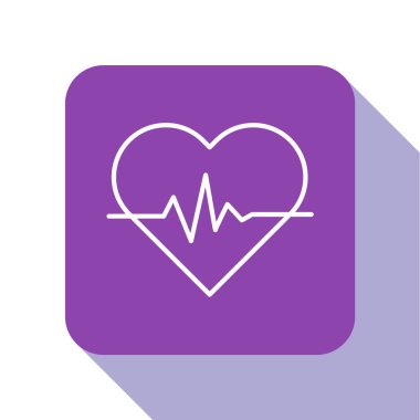 Beyaz çizgi kalp atış hızı simgesi beyaz arkaplanda izole edildi. Kalp atışı işareti. Kalp atışı ikonu. Kardiyogram simgesi. Mor kare düğme. Vektör İllüstrasyonu