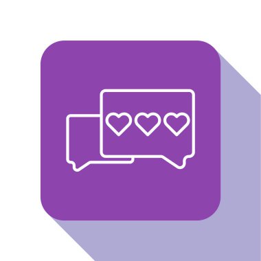 Beyaz çizgi benzeri ve beyaz arkaplanda izole edilmiş kalp ikonu. Karşıt Bildirim Simgesi. Insta 'yı takip et. Mor kare düğme. Vektör İllüstrasyonu