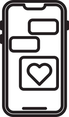 Beyaz arka planda kalp ikonu olan siyah hat cep telefonu. Sevgililer Günü. Vektör İllüstrasyonu