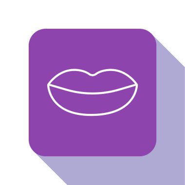 Beyaz çizgili gülen dudak simgesi beyaz arkaplanda izole edilmiş. Gülümse. Mor kare düğme. Vektör İllüstrasyonu