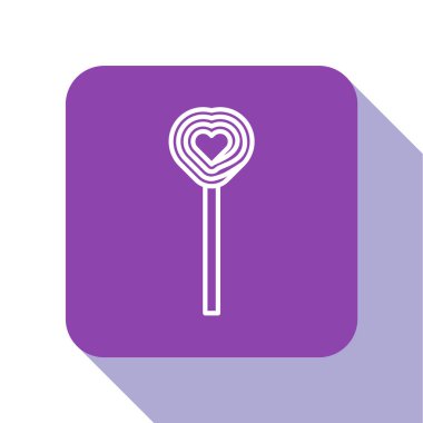 Beyaz çizgi lolipop simgesi beyaz arkaplanda izole edildi. Şeker işareti. Yemek, lezzetli bir sembol. Sevgililer Günü. Aşk sembolü. Mor kare düğme. Vektör İllüstrasyonu