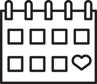 Beyaz arka planda izole edilmiş kalp simgesine sahip siyah çizgi Takvim. Sevgililer günü. Aşk sembolü. 14 Şubat. Vektör İllüstrasyonu