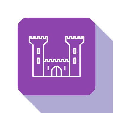 Beyaz çizgi Castle simgesi beyaz arkaplanda izole edildi. Kale işareti. Mor kare düğme. Vektör İllüstrasyonu