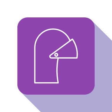 Beyaz çizgi Ortaçağ demir miğferi beyaz arka planda izole edilmiş kafa koruma ikonu için. Mor kare düğme. Vektör İllüstrasyonu