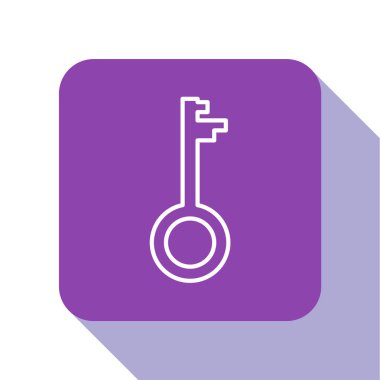 Beyaz çizgi Beyaz arkaplanda eski anahtar simgesi izole. Mor kare düğme. Vektör İllüstrasyonu