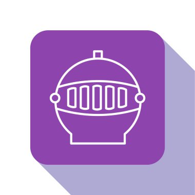 Beyaz çizgi Ortaçağ demir miğferi beyaz arka planda izole edilmiş kafa koruma ikonu için. Mor kare düğme. Vektör İllüstrasyonu