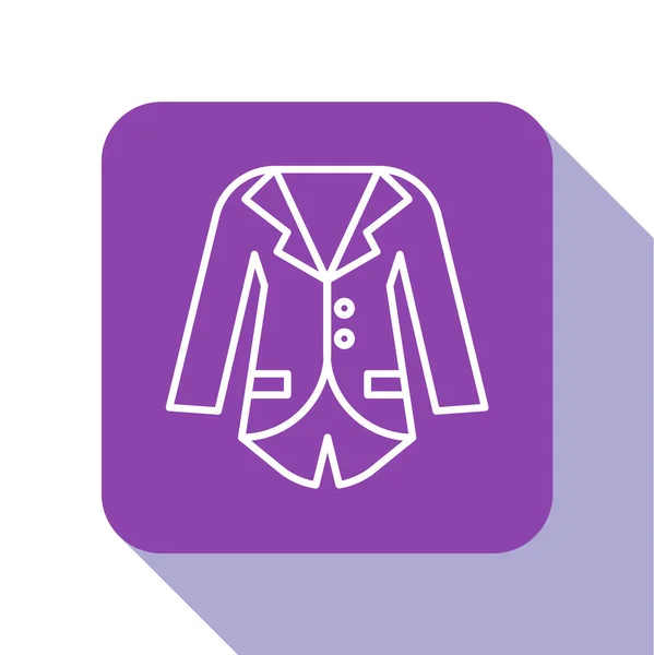 Blazer de línea blanca o icono de la chaqueta aislado sobre fondo blanco. Botón cuadrado púrpura. Ilustración vectorial — Archivo Imágenes Vectoriales