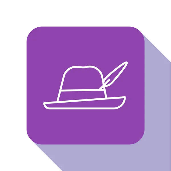 White line Oktoberfest hat icon isolated on white background. Hunter hat with feather. German hat. Purple square button. Vector Illustration — ストックベクタ