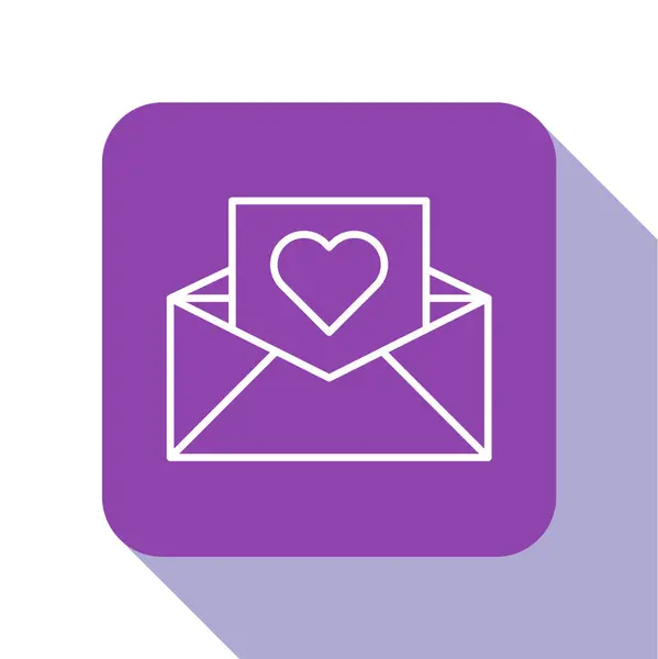 White line Envelope with Valentine heart icon isolated on white background. Message love. Letter love and romance. Purple square button. Vector Illustration — 스톡 벡터