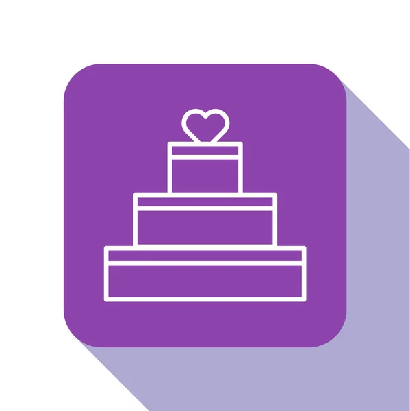 Weiße Linie Hochzeitstorte mit Herz-Symbol isoliert auf weißem Hintergrund. Valentinstag-Symbol. lila quadratische Taste. Vektorillustration — Stockvektor