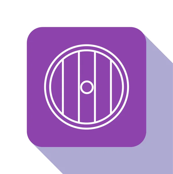 白い線白い背景に隔離された丸い木製のシールドアイコン。セキュリティ、安全性、保護、プライバシー、ガードコンセプト。紫の四角形のボタンベクターイラスト — ストックベクタ