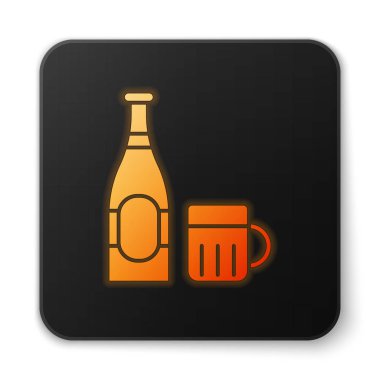Parlak turuncu bira şişesi ve beyaz arka planda izole edilmiş cam ikon. Alkol içeceği sembolü. Siyah kare düğme. Vektör İllüstrasyonu