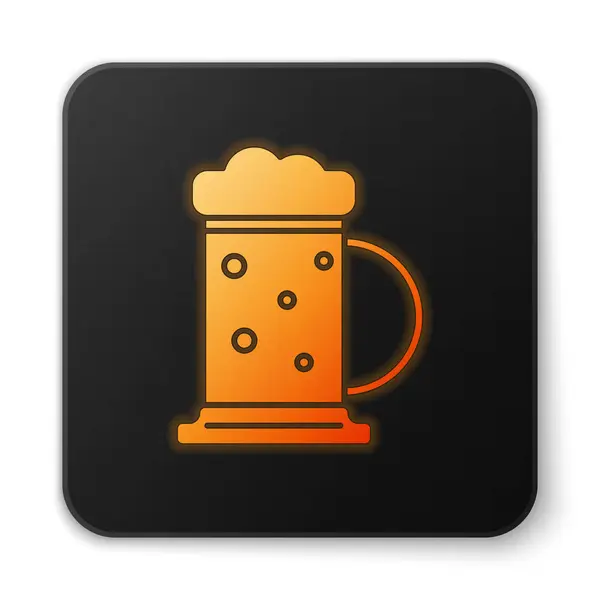 Orange glowing neon Wooden beer mug icon isolated on white background. Black square button. Vector Illustration — 스톡 벡터