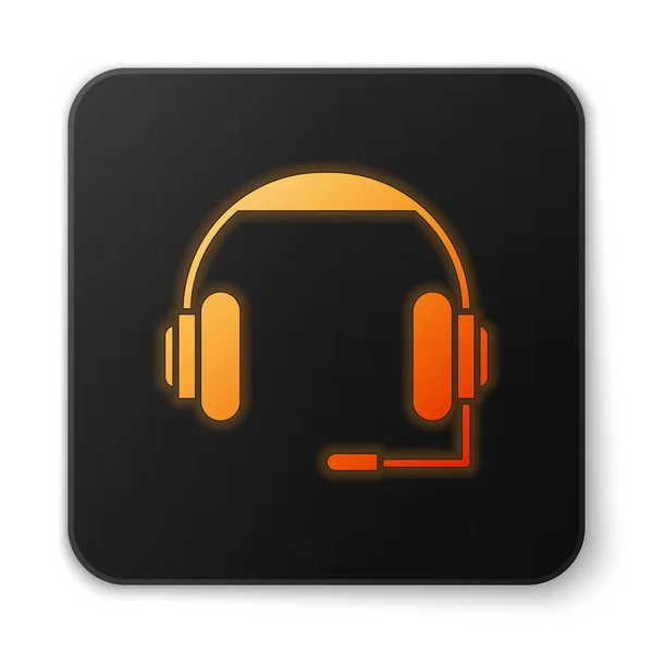 Icono de auriculares de neón brillante naranja aislado sobre fondo blanco. Auriculares. Concepto para escuchar música, servicio, comunicación y operador. Botón cuadrado negro. Ilustración vectorial — Archivo Imágenes Vectoriales