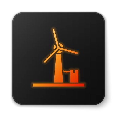 Turuncu parlayan neon rüzgâr türbini simgesi beyaz arkaplanda izole edildi. Rüzgar jeneratörü işareti. Elektrik üretimi için yel değirmeni. Siyah kare düğme. Vektör İllüstrasyonu