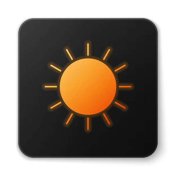 Oranje gloeiende neon zon icoon geïsoleerd op witte achtergrond. Zwarte vierkante knop. Vector Illustratie — Stockvector