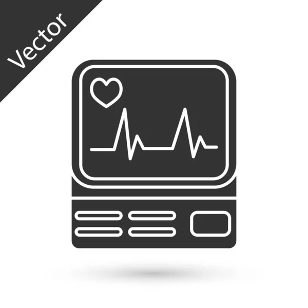 Grijze Computer monitor met cardiogram icoon geïsoleerd op witte achtergrond. Monitoring icoon. ECG monitor met hartslag hand getrokken. Vector Illustratie — Stockvector