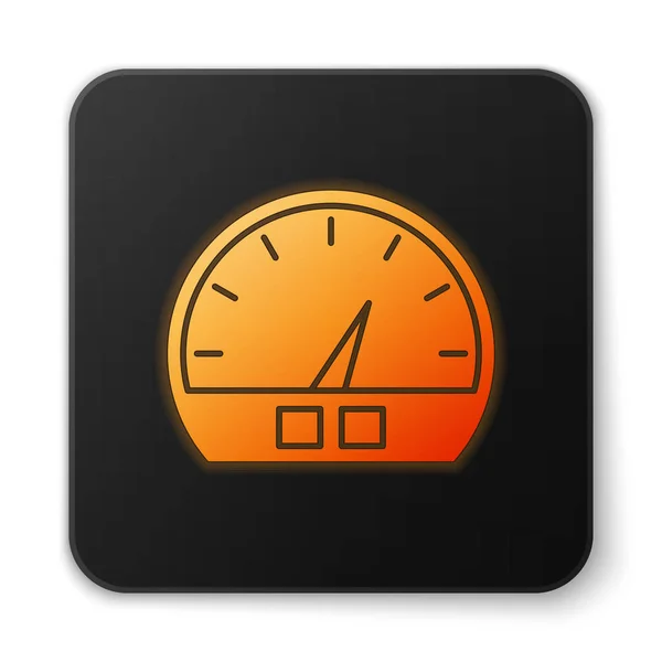 Icono de neón brillante naranja Velocímetro aislado sobre fondo blanco. Botón cuadrado negro. Ilustración vectorial — Vector de stock