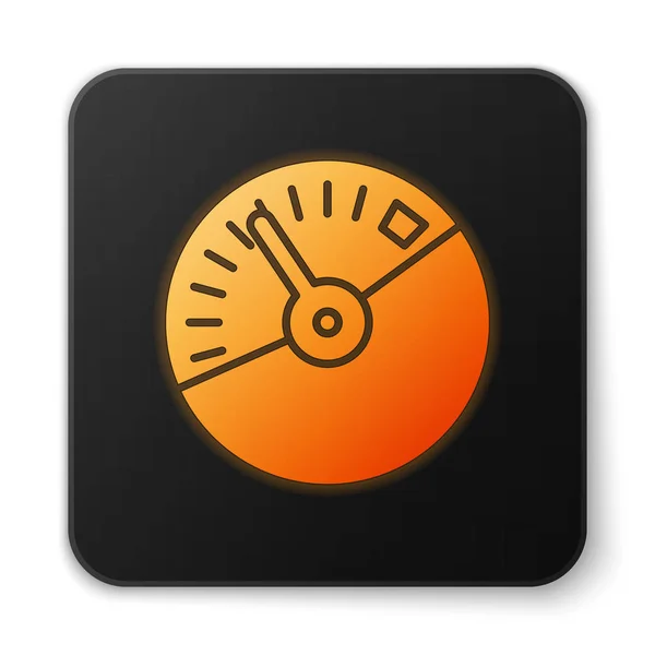 Pomarańczowy świecący neon Prędkościomierz ikona izolowane na białym tle. Czarny kwadrat. Ilustracja wektora — Wektor stockowy