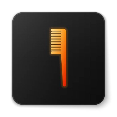 Beyaz arkaplanda turuncu parlak neon renkli saç fırçası simgesi izole edilmiş. Taraklı saç işareti. Berber sembolü. Siyah kare düğme. Vektör İllüstrasyonu