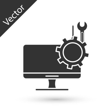 Beyaz arkaplanda izole edilmiş tornavida ve anahtar ikonlu gri bilgisayar monitörü. Ayarlama, servis, ayar, bakım, onarım. Vektör İllüstrasyonu