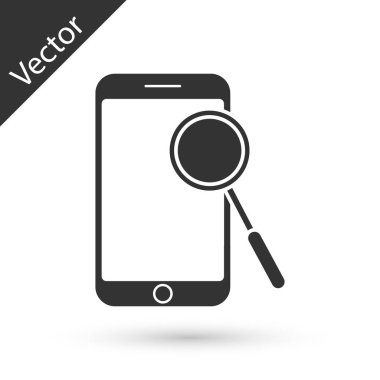 Gri Mobil telefon tanılama simgesi beyaz arkaplanda izole edildi. Uygulama, servis, ayar seçenekleri, bakım, onarım, onarım. Vektör İllüstrasyonu