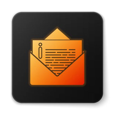 Beyaz arkaplanda turuncu parlak neon renkli zarf simgesi izole edildi. E- posta mektup sembolü. Siyah kare düğme. Vektör İllüstrasyonu