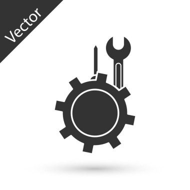 Gri İngiliz anahtarı ve vites simgesi içindeki tornavida beyaz arka planda izole edilmiş. Ayarlama, servis, ayar, bakım, onarım, onarım. Vektör İllüstrasyonu