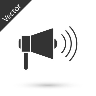 Gri Megafon simgesi beyaz arkaplanda izole edildi. Yüksek sesle konuşma uyarısı. Ağızlık için megafon, terfi diye bağırıyor. Vektör İllüstrasyonu