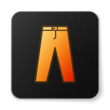 Beyaz arkaplanda turuncu parlayan neon pantolon simgesi izole edildi. Siyah kare düğme. Vektör İllüstrasyonu